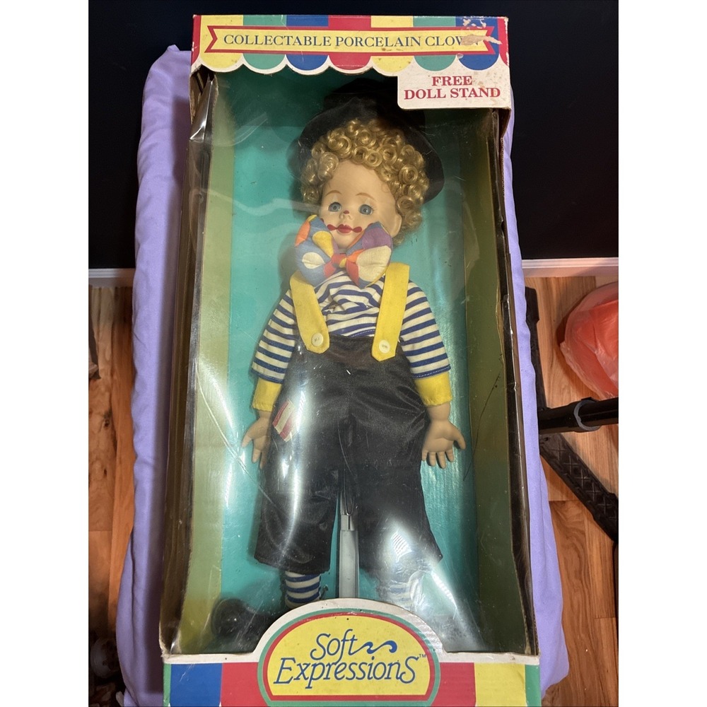 Soft Expressions Collectible Porcelain Clown Doll w/ Stand
